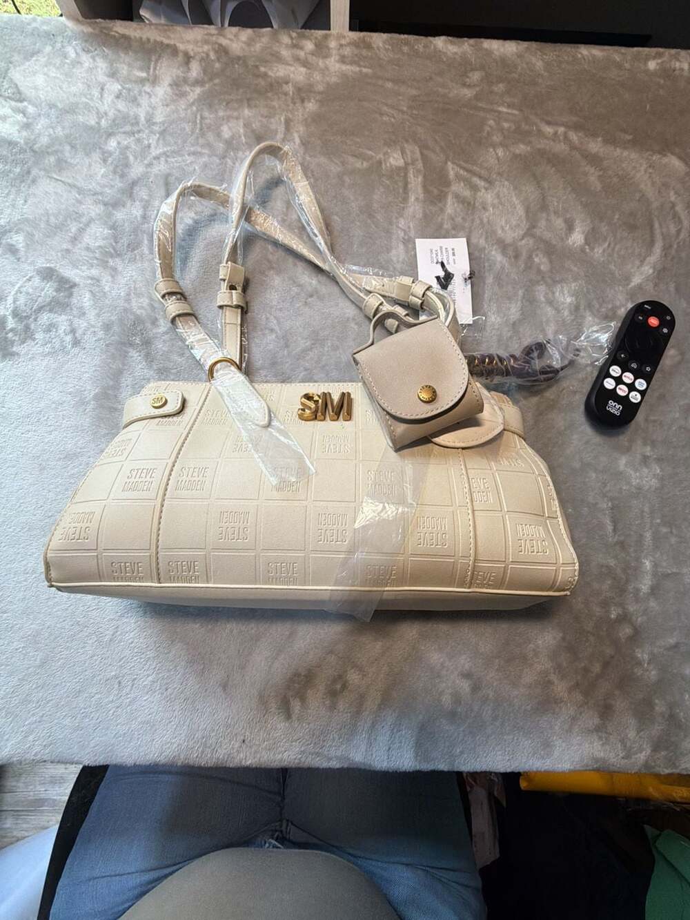 Steve Madden Oatmilk Logo Embossed Shoulder Bag with Charm